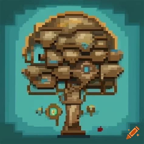 Steampunk pixel art of a tree