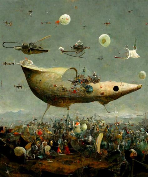 AI designs place spaceships into paintings of bosch and caravaggio