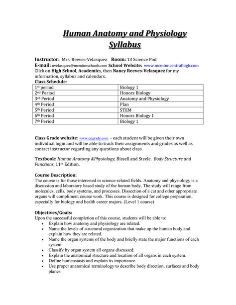 Human Anatomy and Physiology Syllabus Instructor