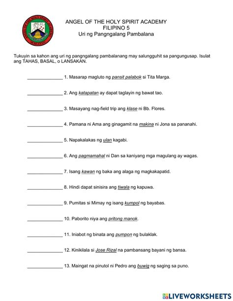 Uri Ng Pangngalang Pambalana Interactive Worksheet 1st Grade – NBKomputer