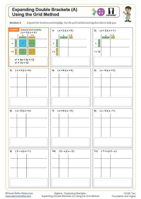 Expanding Double Brackets (A) Using the Grid Method Worksheet | Cazoom Maths Worksheets