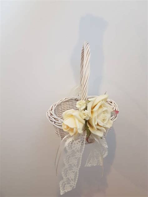 Ivory Wicker Flower Basket With Rose Bouquet - Etsy