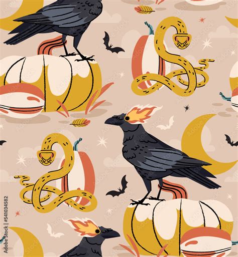 Black spooky crow pumpkin seamless pattern with snake, bat and moon on beige background ...