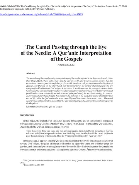 (PDF) The Camel Passing through the Eye of the Needle: A Qur'anic Interpretation of the Gospels