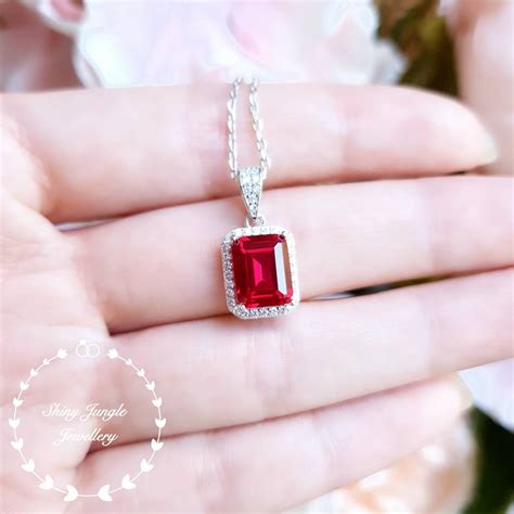 Emerald cut Genuine lab grown Pigeon's Blood Ruby necklace, 3 carats 7×9 mm emerald cut ruby ...