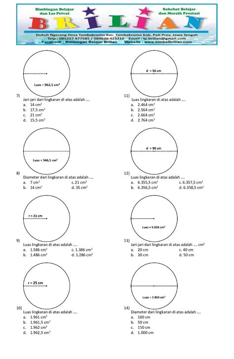Kumpulan Soal Luas Lingkaran dan Kunci Jawaban – Bimbel Brilian