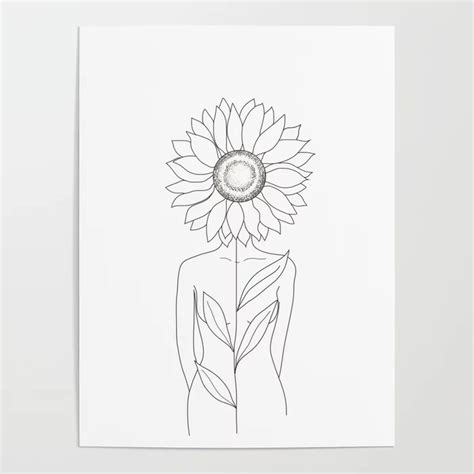 Minimalistic Line Art of Woman with Sunflower Poster by nadja1 | Society6 | Sunflower art print ...