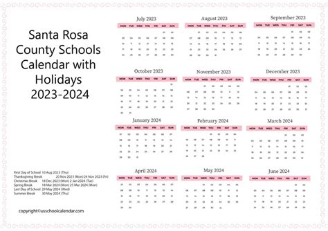 Santa Rosa County Schools Calendar with Holidays 2023-2024