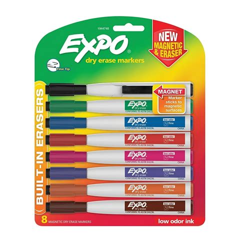 EXPO Magnetic Dry Erase Markers with Eraser, Fine Tip, Assorted Colors ...