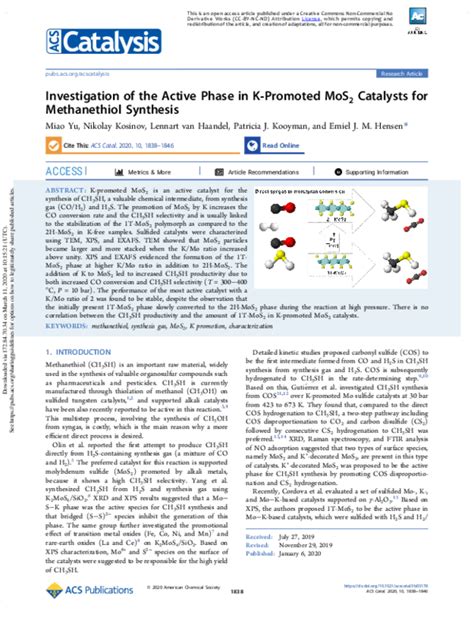 (PDF) Investigation of the Active Phase in K-Promoted MoS2 Catalysts for Methanethiol Synthesis ...