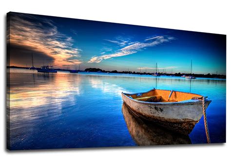 Buy Large Canvas Wall Art Boat Blue Lake Clear Water Sunset Picture ...