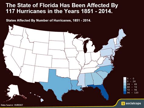 Map showing number of hurricanes that have affected each state in the ...