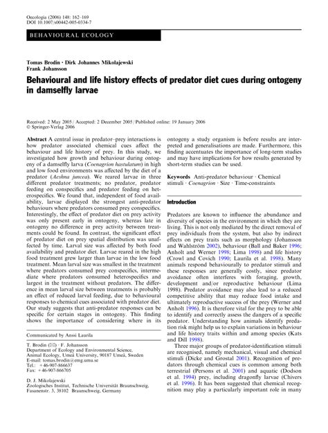 (PDF) Behavioural and life history effects of predator diet cues during ...