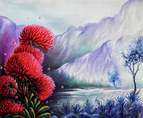 Beautiful Scenery The Red Flowers Drawing by Arun Sivaprasad