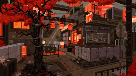 an animated city with red trees and buildings