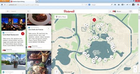 Epcot dining guide with interactive map and links to current menu. Accessible from smartphone ...