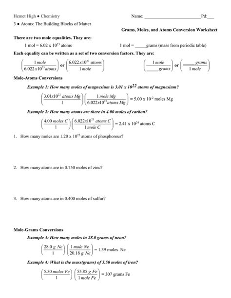 Mole Conversions Worksheet