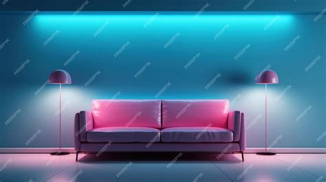 Premium AI Image | Generative AI Modern neon minimalistic interior blue and pink colors sofa ...