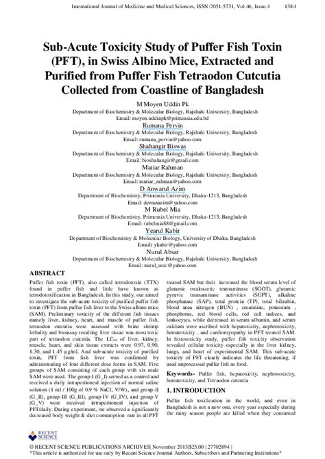 (PDF) Sub-Acute Toxicity Study of Puffer Fish Toxin (PFT), in Swiss ...
