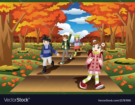 Kids hiking in the fall season Royalty Free Vector Image