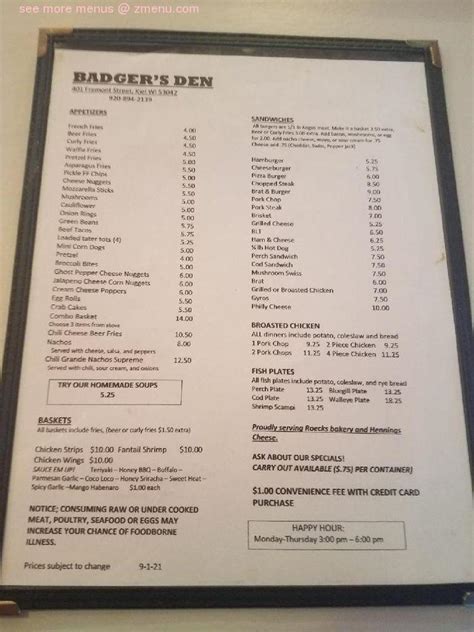 Menu at Badger's Den pub & bar, Kiel