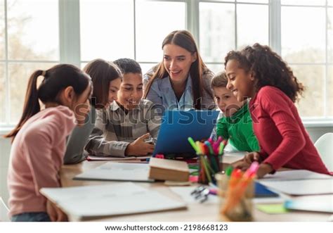 Happy Diverse School Children Teacher Woman Stock Photo 2198668123 ...