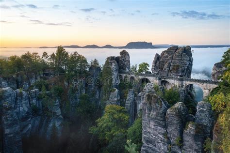 Bastei Bridge (Basteibrucke) at Sunrise with Fog - Bastei, Saxony ...