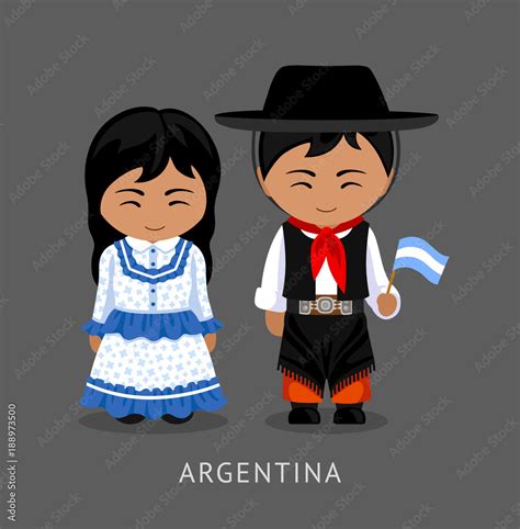 Argentines in national dress with a flag. Man and woman in traditional ...