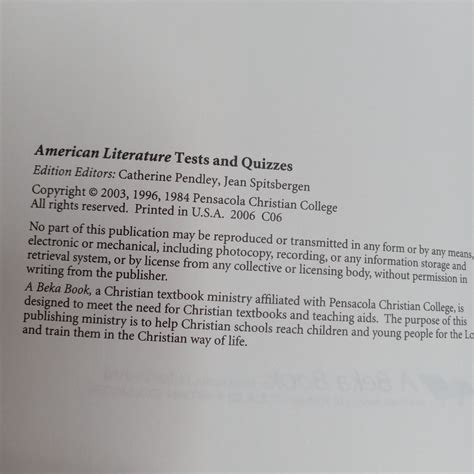 Abeka American Literature Classics for Christians Vol 5 Grade 11 Test/Quiz Key - School ...