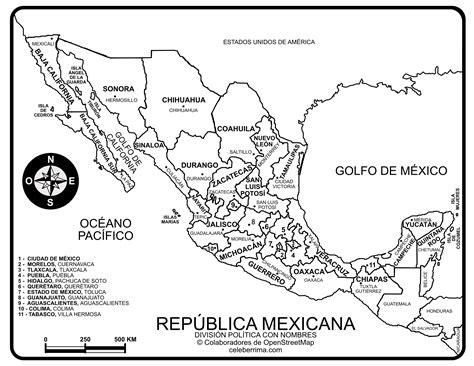 Mapa República Mexicana con nombres y división política para imprimir - Celebérrima.com