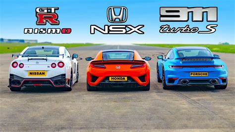 Drag race: Nissan GT-R Nismo vs Honda NSX vs Porsche 911 Turbo S | Carwow