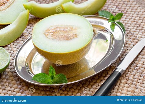 Melon on silver platter. stock photo. Image of melon - 73315416