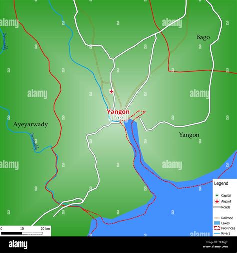 Map of the capital city Rangoon with main streets, rivers, lakes, urban areas and names of ...