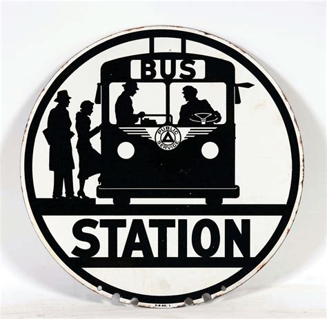 Lot Detail - BUS STATION PORCELAIN SIGN WITH BUS GRAPHIC.