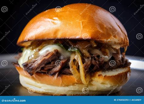 Juicy Roast Beef Sandwich With Melted Cheese And Caramelized Onions On ...