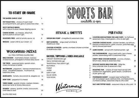 Menu at Watermark Glenelg pub & bar, Glenelg North