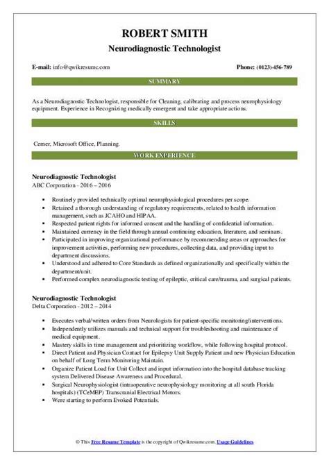 Neurodiagnostic Technologist Resume Samples | QwikResume