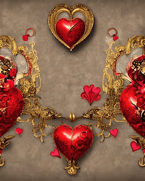 Beautiful Whimsical Red Hearts on Golden Background · Creative Fabrica