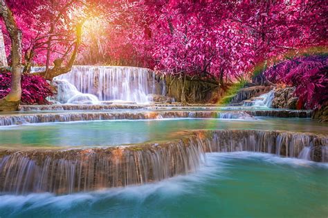 HD wallpaper: Fall, Laos, rainbows, Trees, waterfall | Wallpaper Flare