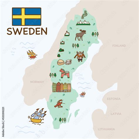 Sweden flag and travel map with traditional landmarks and tourist ...