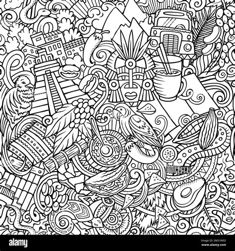 Cartoon doodles Guatemala seamless pattern. Backdrop with local Central America culture symbols ...