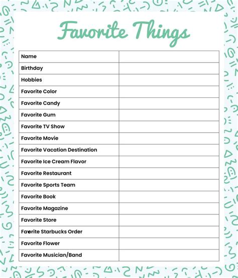 a printable favorite things list with the words favorite things written ...