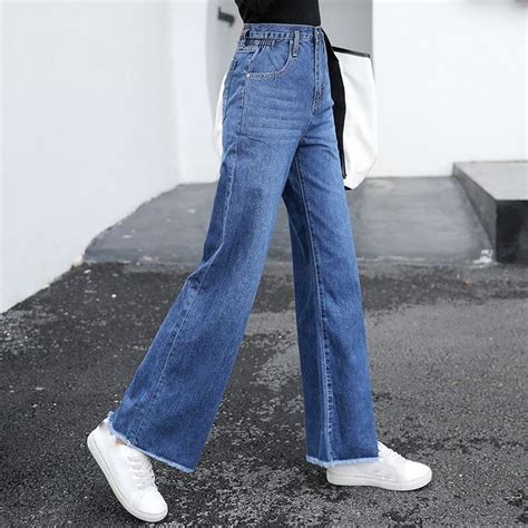 Women Blue Loose Denim Pants Female High Waist Long Jeans Trousers Button Korean Style Stretch ...