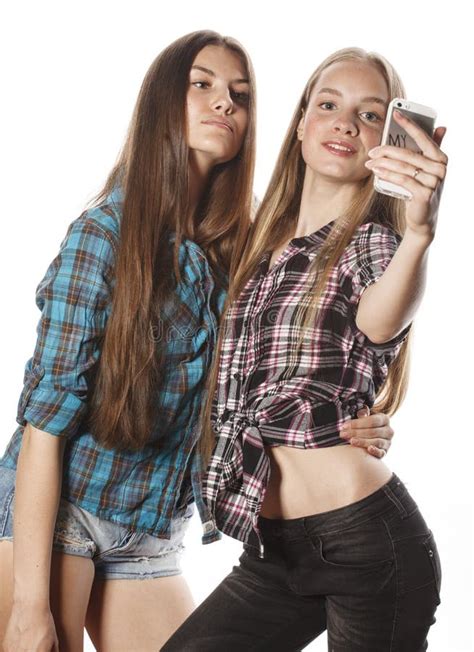 Cute Teenage Girls Making Selfie Isolated Stock Photo - Image: 64636971