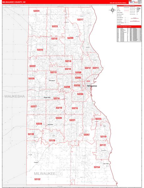 Milwaukee County, WI Zip Code Wall Map Red Line Style by MarketMAPS - MapSales