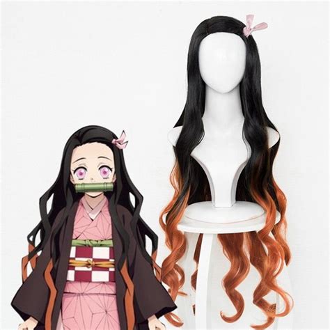 cosfun Kamado Nezuko Cosplay Wig With Hair Band and Bamboo Tube