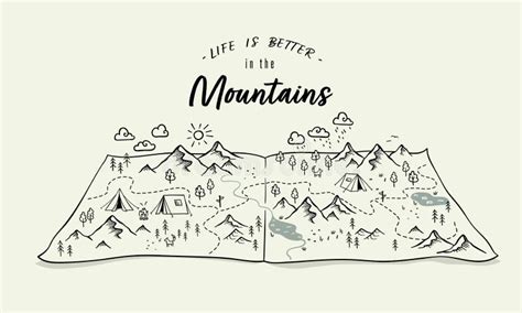 Cute Hand Drawn Map with Mountains, Tents, Trees, Hills. 3d Illustrated Landscape, Adventure ...