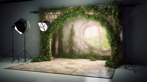 Photo Studio Set Background, Ivy And Fern Backdrop In Dark Room, 3d ...