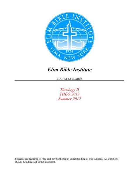 Theology II Syllabus 2012 - Elim Bible Institute