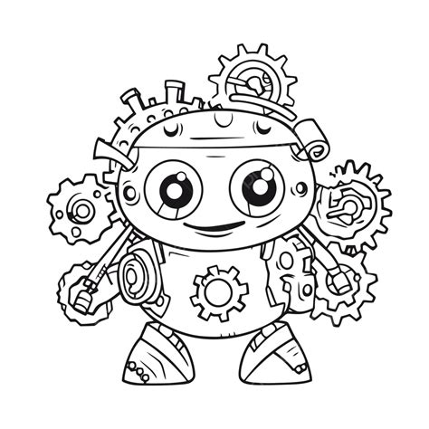 An Image Of A Little Robot In A Gear Gear Coloring Page Outline Sketch Drawing Vector ...